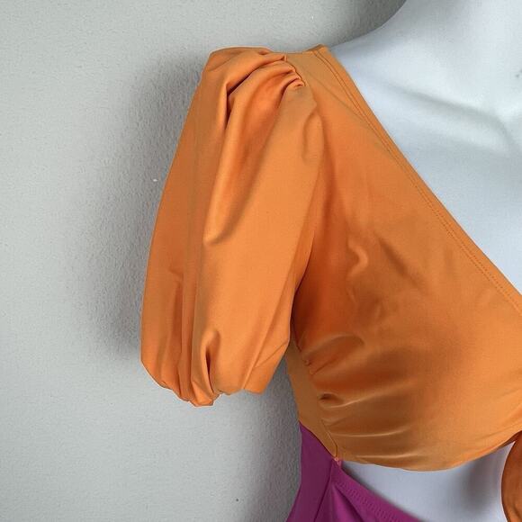 Tabitha Brown Target Swimsuit M Colorblock Puff Sleeve Open Front Tie One Piece - Picture 5 of 8